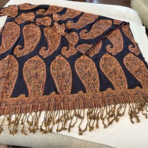 Gorgeous Black and Copper Paisley Patterned Scarf Shawl Wrap with Fringe